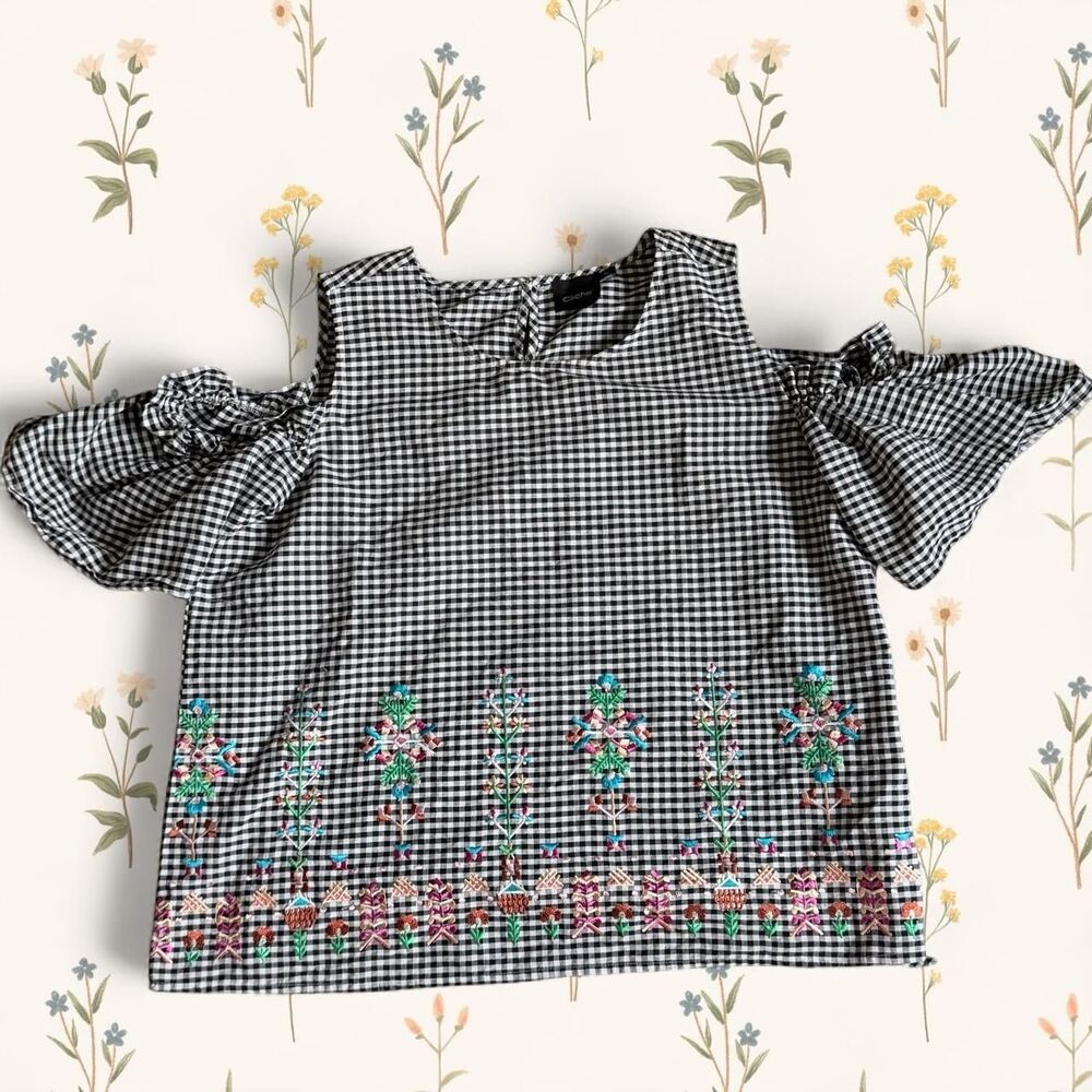 Cliche Cottagecore Plaid Gingham Embroidered 100% Cotton Cold-Shoulder Top XL